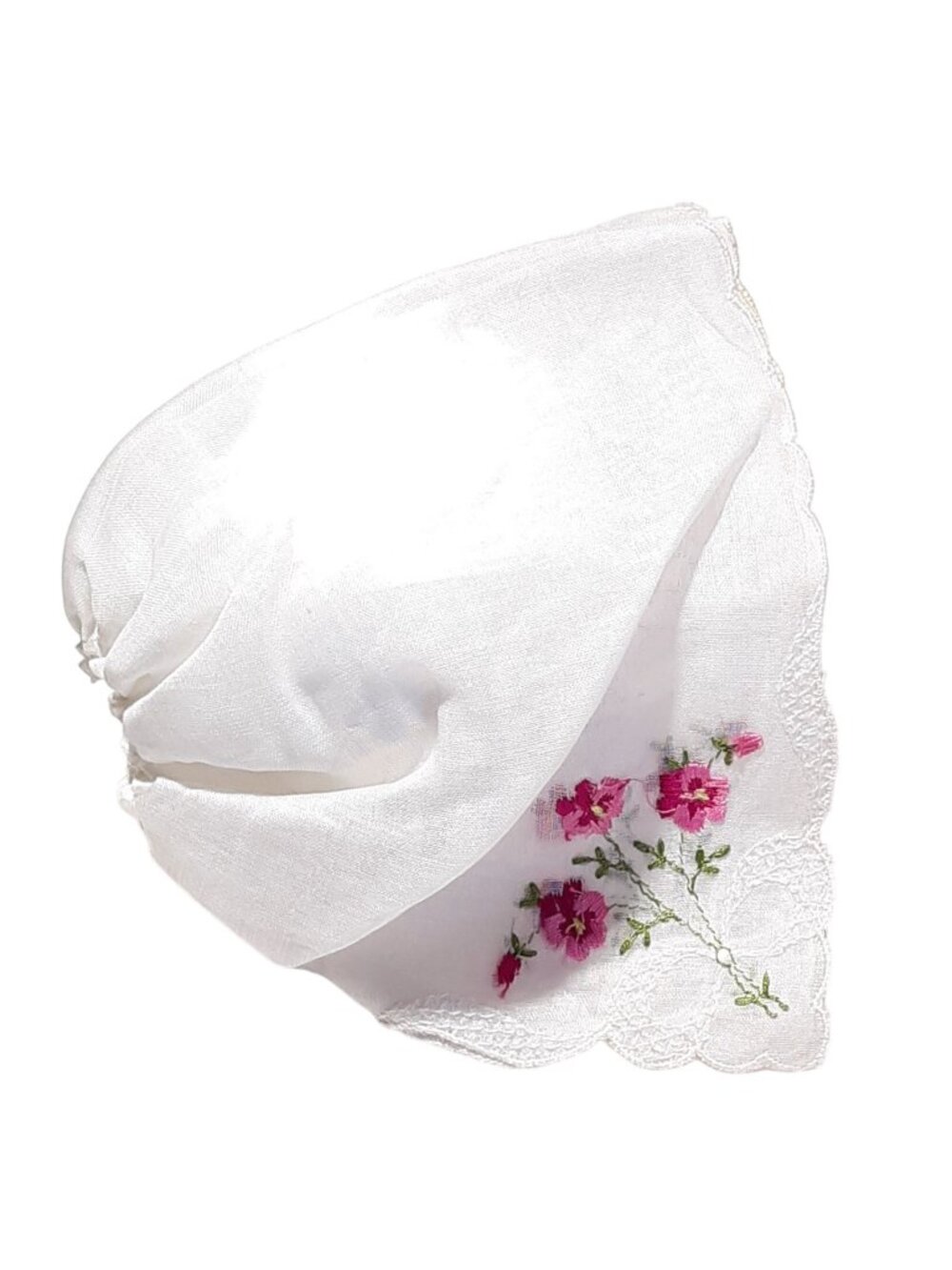 Vintage White Bonnet with Pink Floral Embroidery Scalloped Lace Edges Delicate